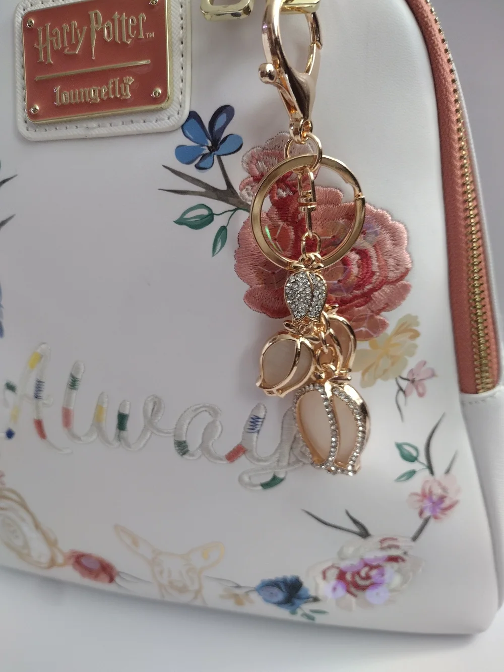 Gold Crystal Leaf Charm Keychain - Pink Accents